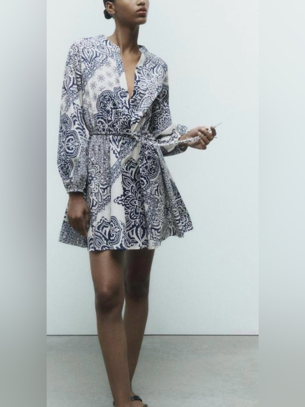 Zara - Navy White Floral Medallion Print Long Sleeve Belted Mini Dress Size Sm